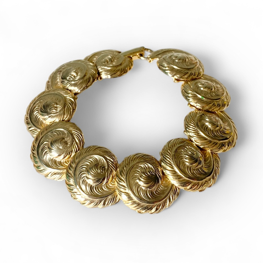 Vintage Goldtone Domed Feather Plume Fern Runway Statement Link Bracelet. - Picture 7 of 8
